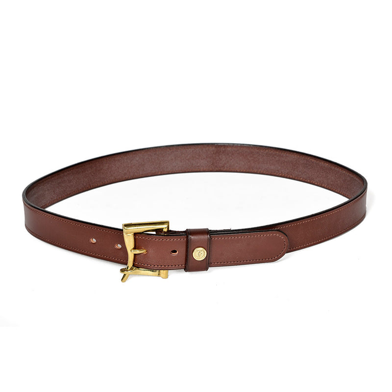 Freedman's Marshalay Belt, featuring brown leather, a gold-tone buckle with a stylized "F" design, and a small embossed logo on the loop.