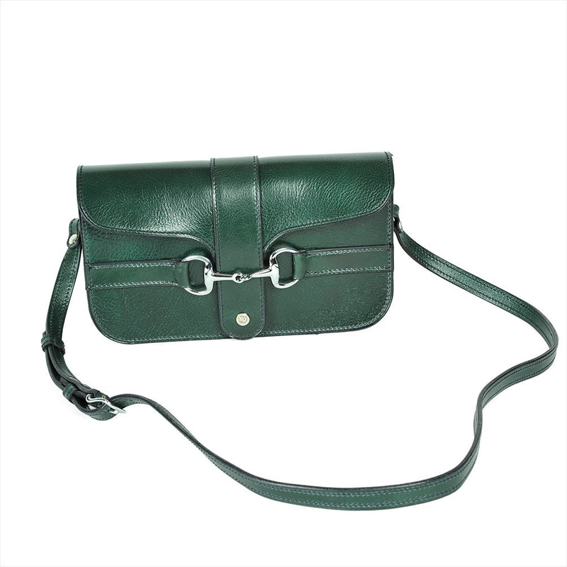 Green leather Medium Snaffle Bit Shoulder Bag by Freedman's with silver snaffle bit hardware and adjustable strap.